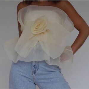 Bloggers Fav zara rose flower oversized organza strapless top size S Ivory cream